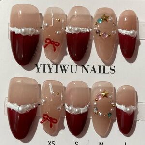 [S] 💅10Pcs Wearable Press on Nails Full Cover French Almond Pearls Bow Christmas